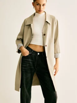 Pinstripe-Cuff Long Trench Coat