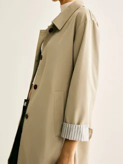 Pinstripe-Cuff Long Trench Coat