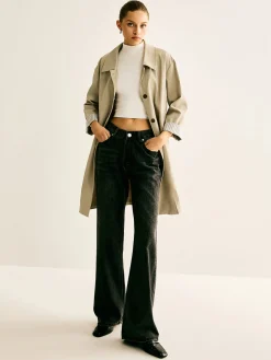 Pinstripe-Cuff Long Trench Coat