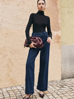 Piping Belted Decor Straight Jeans