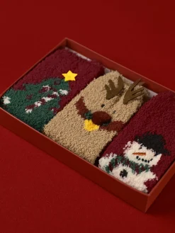 3pk Christmas Coral Velvet Socks With Box