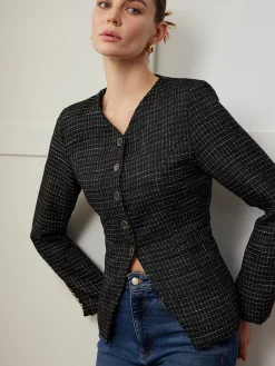 Plaid Button Split Slim Blazer