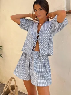 Plaid Lace Up Shorts Set