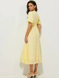 Plaid Pattern Puff Sleeve V-Neck Midi Dress
