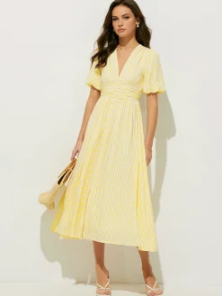 Plaid Pattern Puff Sleeve V-Neck Midi Dress