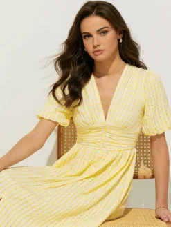 Plaid Pattern Puff Sleeve V-Neck Midi Dress