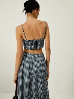 Plaid Print Embroidered Cutout Cami Long Dress