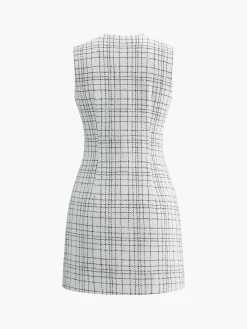 Plaid Print Pearl Button Sleeveless Short Dress