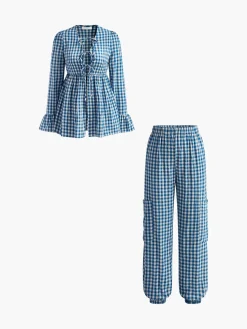 Plaid Ruffle Elastic Waist Pants Set