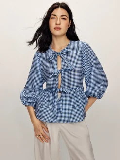 Plaid Tie Front Half Sleeve Blouse