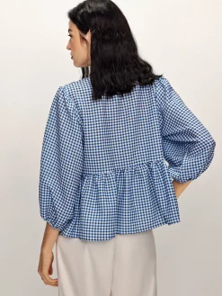Plaid Tie Front Half Sleeve Blouse