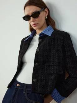 Plaid-Collar Short Jacket