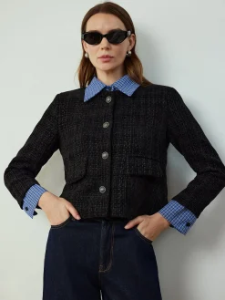 Plaid-Collar Short Jacket
