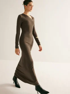 Plain Asymmetrical Neck Long Dress