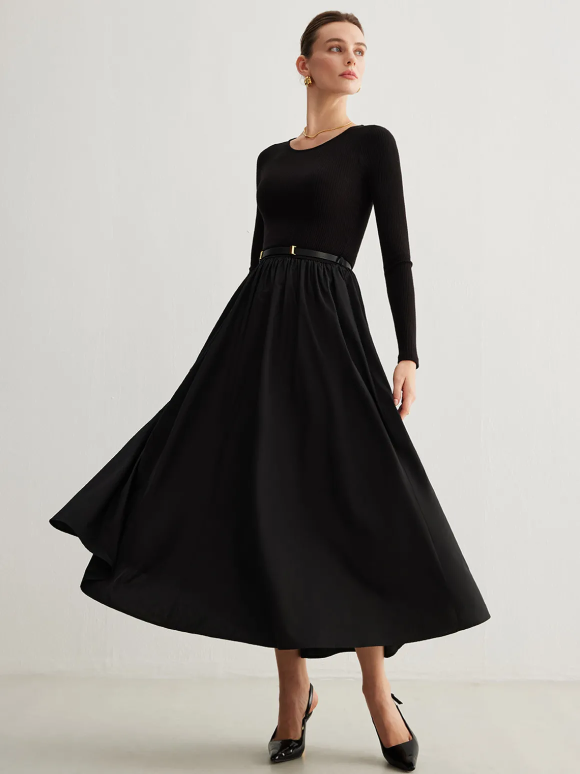 Plain Belted Pleated Panel Dress