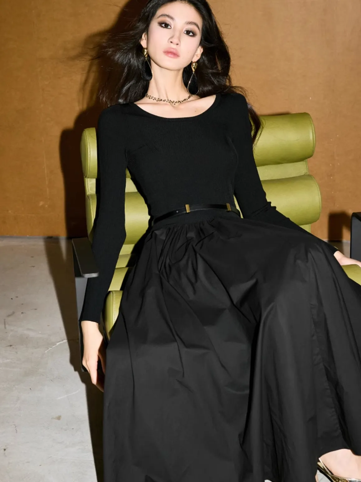 Plain Belted Pleated Panel Dress