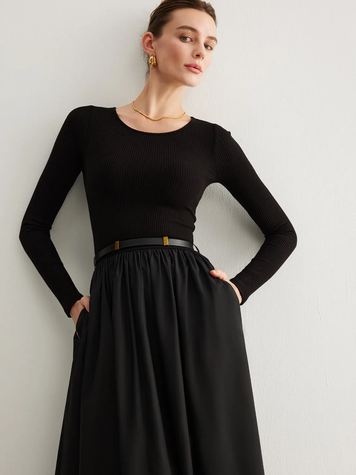 Plain Belted Pleated Panel Dress