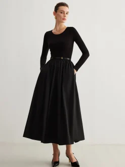 Plain Belted Pleated Panel Dress