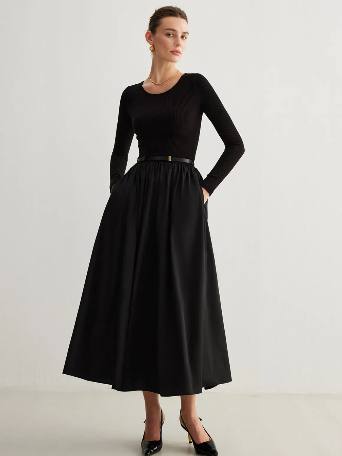 Plain Belted Pleated Panel Dress