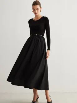 Plain Belted Pleated Panel Dress