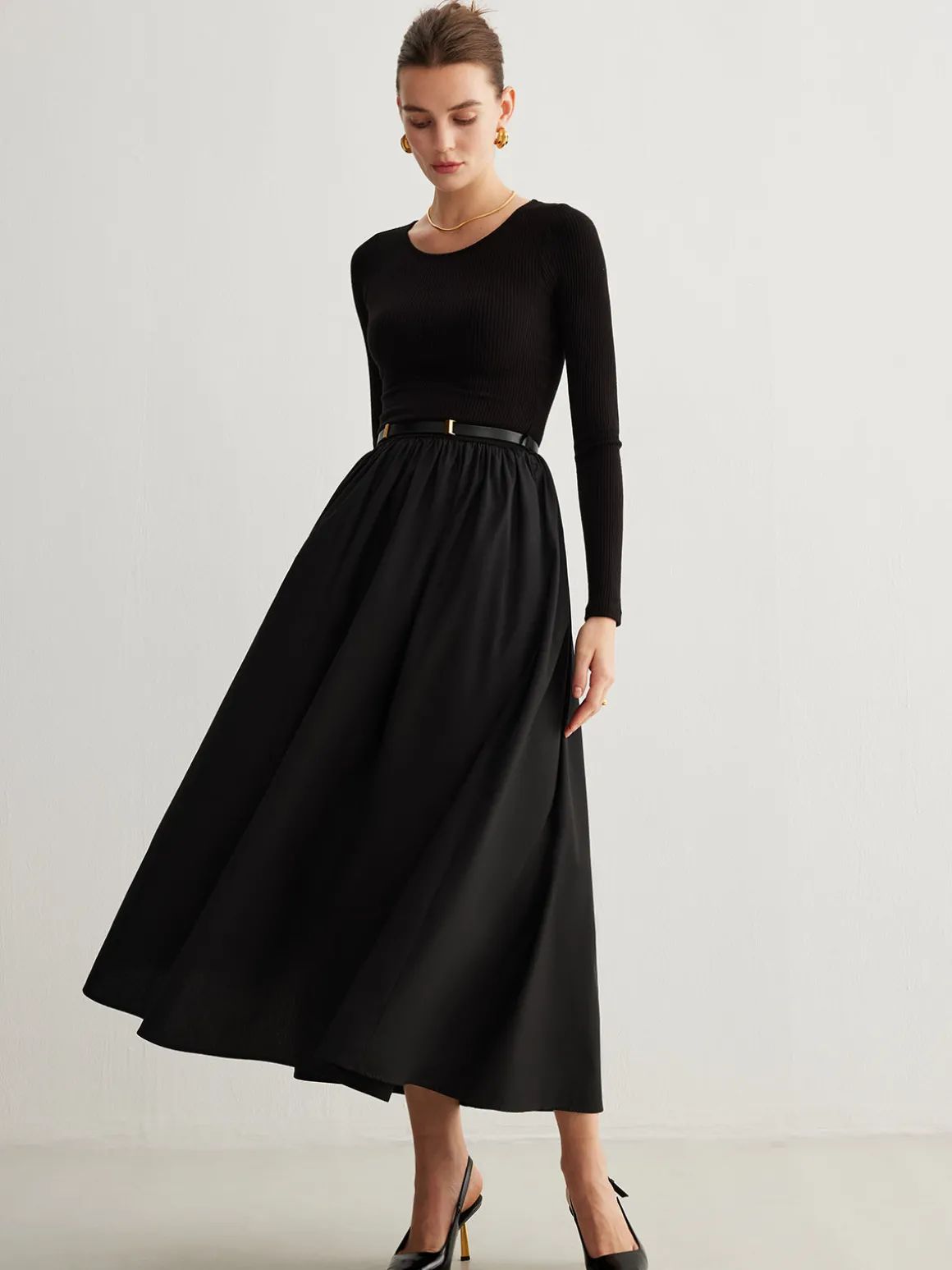 Plain Belted Pleated Panel Dress
