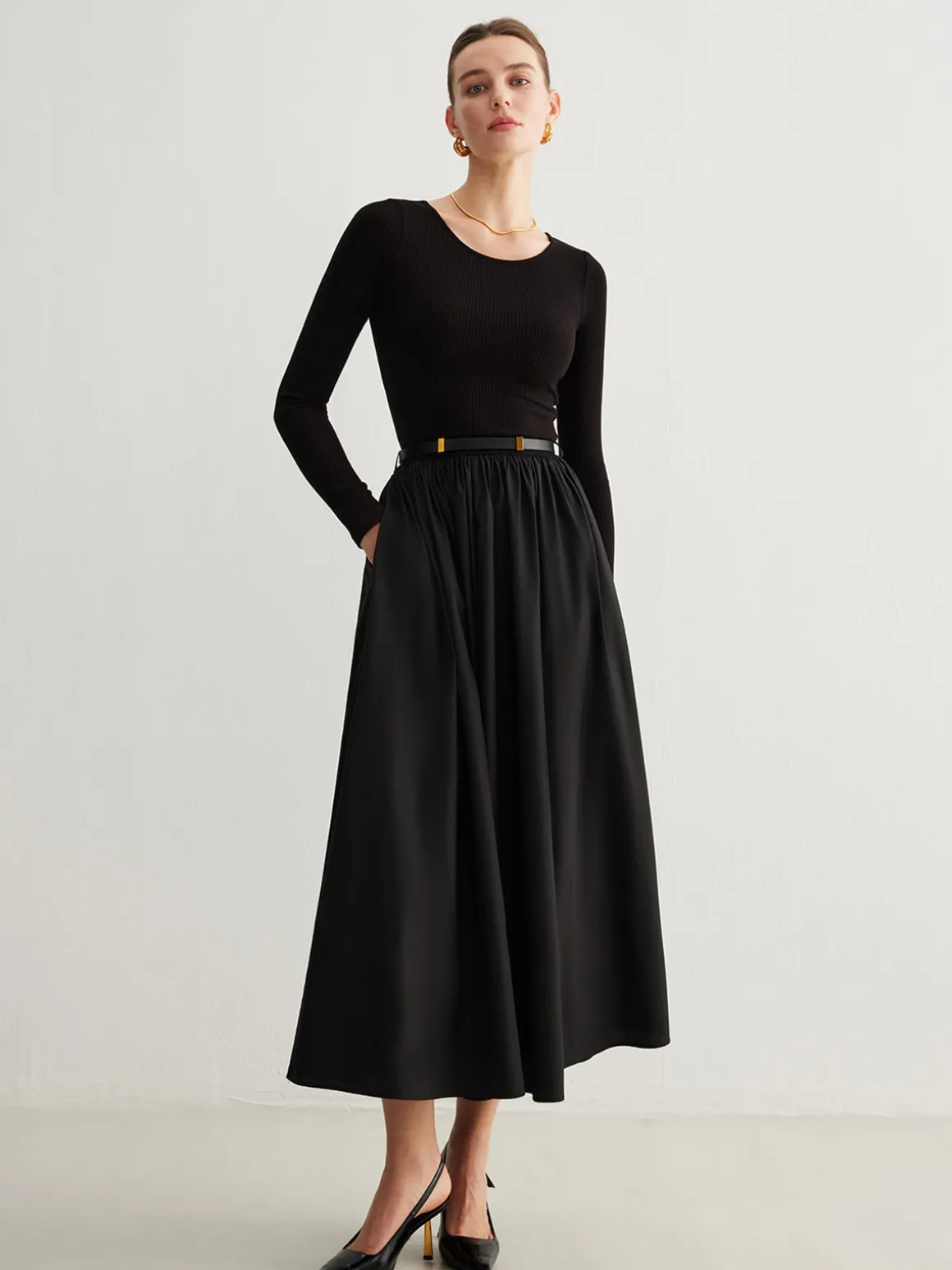 Plain Belted Pleated Panel Dress