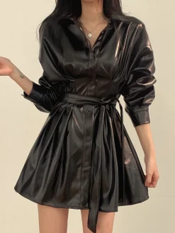 Plain Belted PU Leather Dress