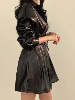 Plain Belted PU Leather Dress