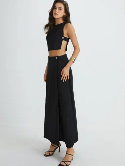 Plain Button Detail Top With Split Maxi Skirt Set