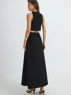 Plain Button Detail Top With Split Maxi Skirt Set