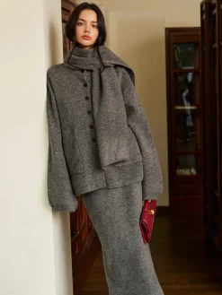Plain Button Sweater Skirt Set With Scarf