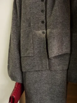 Plain Button Sweater Skirt Set With Scarf