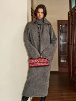Plain Button Sweater Skirt Set With Scarf