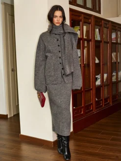 Plain Button Sweater Skirt Set With Scarf