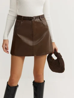 Plain Faux Leather Belted Skirt