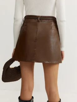 Plain Faux Leather Belted Skirt