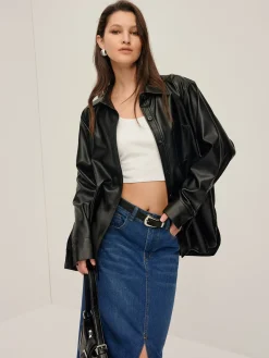 Plain Faux Leather Lapel Shirt