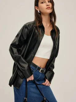 Plain Faux Leather Lapel Shirt