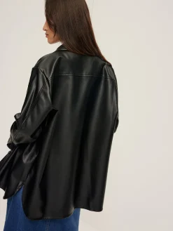 Plain Faux Leather Lapel Shirt