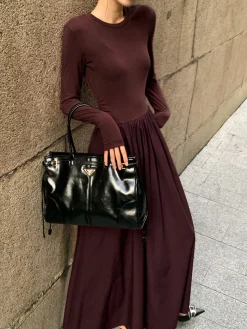 Plain Long Sleeve Pleated Dress