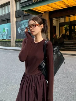 Plain Long Sleeve Pleated Dress