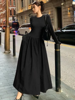Plain Long Sleeve Pleated Dress