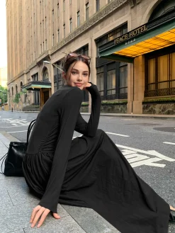 Plain Long Sleeve Pleated Dress