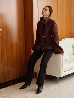 Plain Metal-Button Coat With Scarf