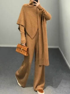 Plain Mock Neck Three-Piece Sweater Pants Set