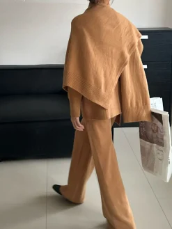 Plain Mock Neck Three-Piece Sweater Pants Set