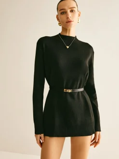 Plain Mock Neck Versatile Belted Sweater