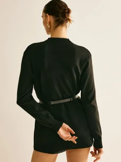 Plain Mock Neck Versatile Belted Sweater