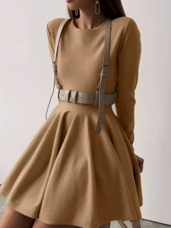 Plain Pleated Sweater Short Dress
