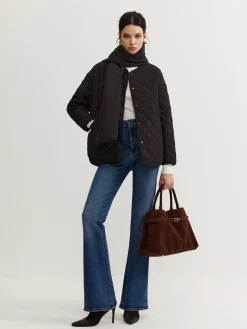 Plain Quilted Button Winter Coat With Scarf